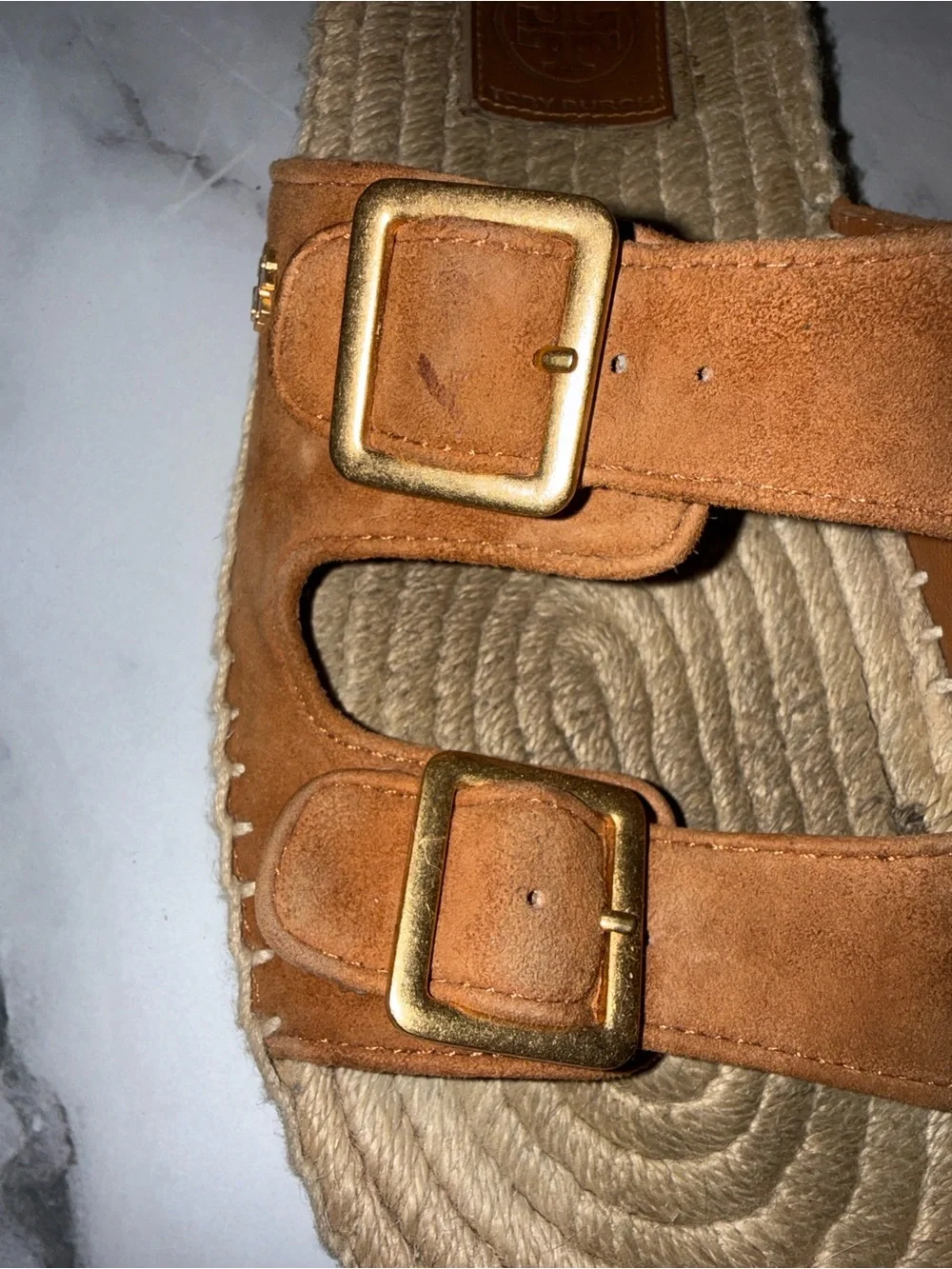 Tory Burch Tan Suede Double-Buckle Espadrille Slide Sandals